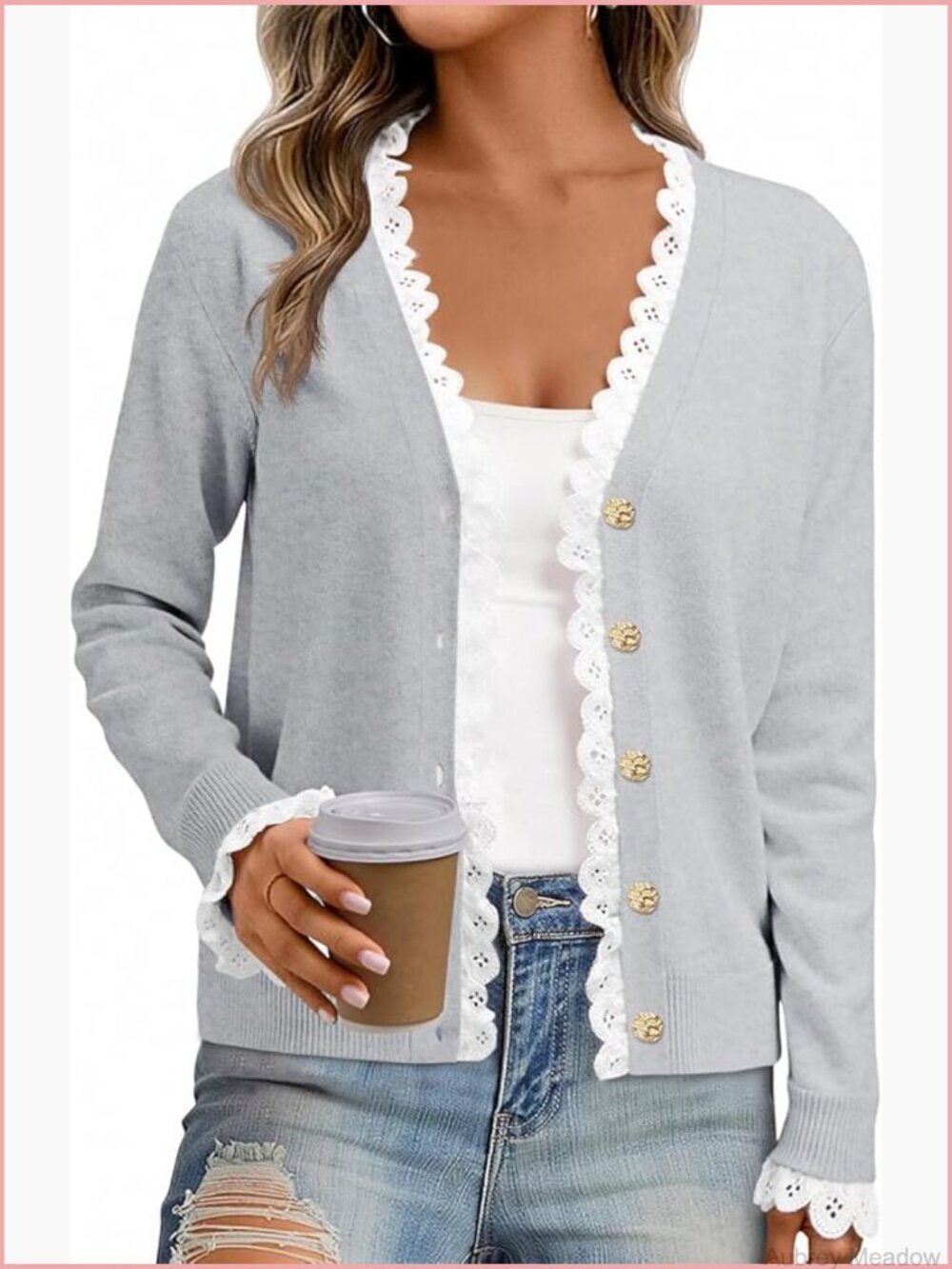 Lace V-Neck Button Down Cardigan Sweater Long Sleeve Knit Open Front Lightweight